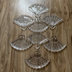 Set of 8 L.G. Wright Daisy Button Fan Shaped Clear Glass Snack Trays